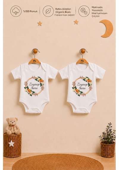 Pia Baby Kişiye Özel Kız Bebek 2'li Body Zıbın %100 Pamuk Organik Baskılı Çıtçıtlı İsimli Bebek Seti 1118b23x Ekru