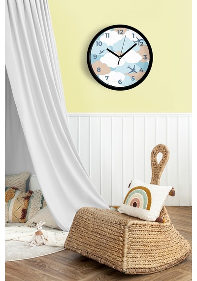 Uçak Tasarımlı Çocuk Odası Duvar Saati - 25cm - Önü Camlı Siyah Kasa - Sessiz Mekanizma-jh0778 Siyah