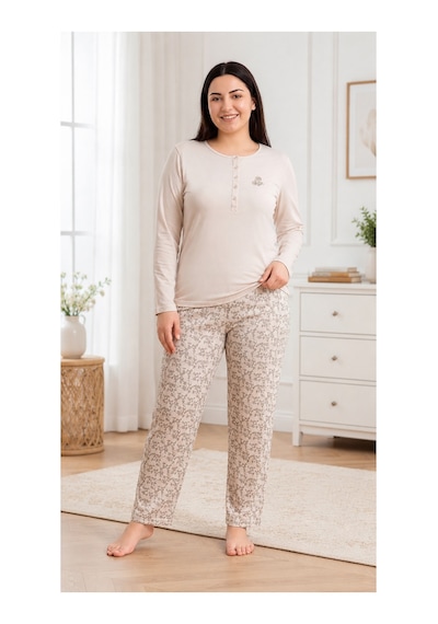 Flz Kadın Kışlık Viskon Pijama Takımı M L Xl Xxl Uzun Kollu Boydan Düğmeli Şık Ev Giyimı B89-100 SOMON