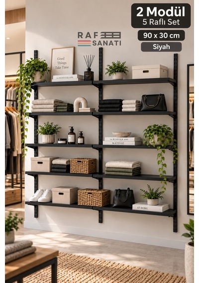 2 Modül 90x30 Cm 10 Raflı Geniş Mağaza Duvar Rafı Konik Dikme Sistem Siyah Suntalam