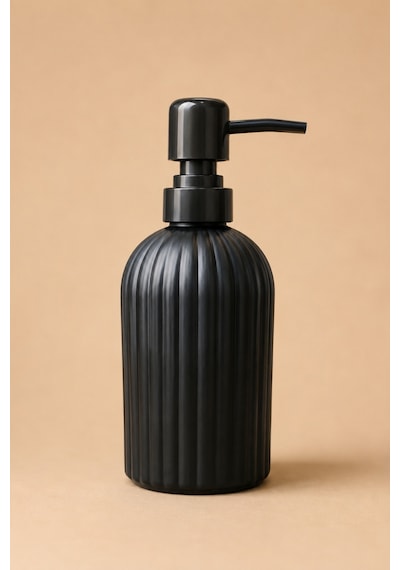 Vovy Çizgili Cam Sabunluk 500 Ml Siyah Pompalı Modern Sıvı Sabun Ve Deterjan Dispenseri - 18,5 Cm X 7 Cm