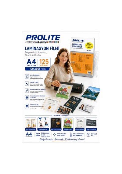 Orjünal Laminasyon Filmi Okul Eğitim İş Vb Alanlarda Kullanılır Parlak A4 125mic 1 Paket 50 Lü 303 X 216 Cm