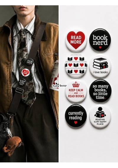 8 Li Set-13 Kitap Temalı Rozet Seti Book Lover Okuma Kitap Kurdu Çok Renkli