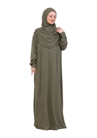 Modish Group Tek Parça Namaz Elbisesi Seti, Viskon Yumuşak Tesettür Abaya, Rahat Hazır Şal Başörtüsü Takım Haki