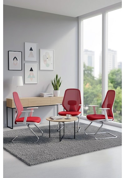 Ofisbazaar Dali Beyaz Fileli Misafir Koltuğu Ergonomik Toplantı Ve Bekleme Koltuğu Kırmızı Kırmızı