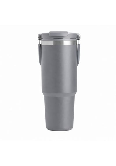 Forzacase 900 Ml Paslanmaz Çelik Pipetli Ve Kilit Kapaklı Kulplu Termos 6 Saat Sıcak/soğuk - Fc1180 Gri