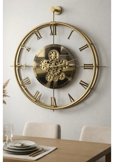 Metaquartz Aksesuar Dönence Gold Roma Rakamlı , Modern Dekoratif Metal Duvar Saati Gold