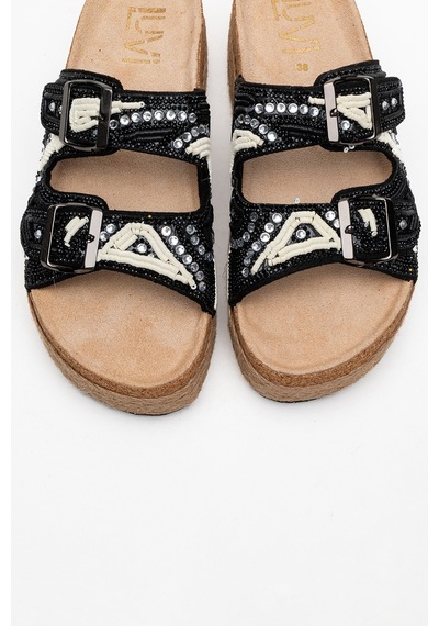 Luvishoes Luvi Shoes Bobby Siyah Taşlı Etnik Desenli Hasır Kalın Mantar Tabanlı Kadın Terlik Siyah Luvishoes Luvi Shoes Bobby Siyah Taşlı Etnik Desenli Hasır Kalın Mantar Tabanlı Kadın Terlik Siyah