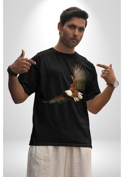 Kartal Özgürlük Pamuklu Bisiklet Yaka Unisex Oversize Boyfriend Dijital Baskılı Siyah T-shirt Siyah