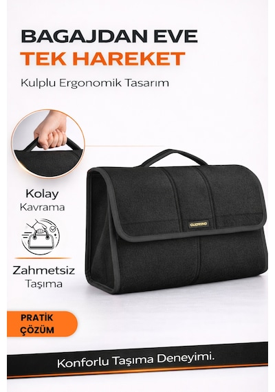 Oto Bagaj Organizer Bagaj Çantası L Boy Kaymaz Cırt Bantlı Velur Kompakt Düzenleyici - Vly3