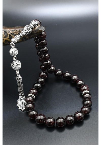 925 Ayar Gümüş Tesbih Doğal Garnet - Lal Taşlı 10 Mm Küre Kesim 902566