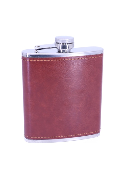 Kahverengi Deri Kaplama Paslanmaz Çelik Cep Matarası - Hip Flask 7 Oz