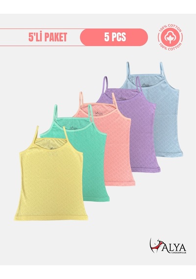 Alya Underwear Kız Çocuk - Garson İp Askılı %100 Pamuklu Atlet Kalpli Jakarlı Kumaş 5'li Paket Çok Renkli P15