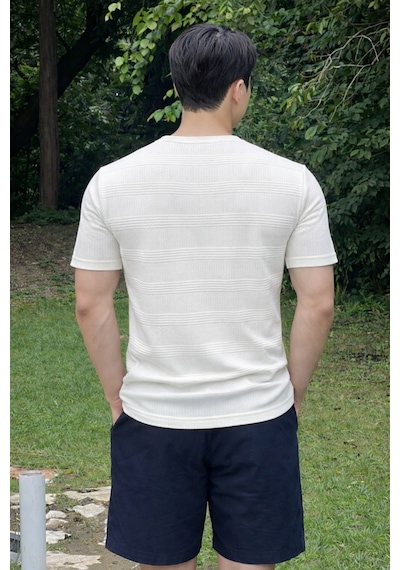 Tarz Cool Fitilli Triko Tişört Erkek Slim Fit Yazlık Premium Basic Üst Beyaz