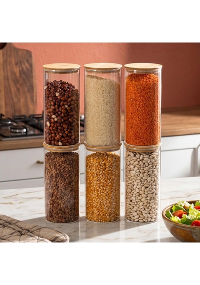 Tr 2-3 Bambu Vakumlu Kapaklı Yuvarlak Borosilikat Cam 6lı Kavanoz Seti Saklama Kabı 1300ml 10x20cm Genel