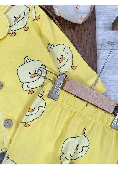 Kruvaze Yaka %100 Pamuk Önden Düğmeli Mevsimlik Ünisex Bebek Ve Çocuk Pijama Takımı 4bb2 Sarı