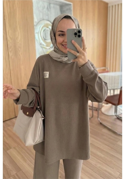 Unika Boutique Fitilli Armalı Detaylı Oversize Kaşkorse Basic Alt Üst Takım Vizon