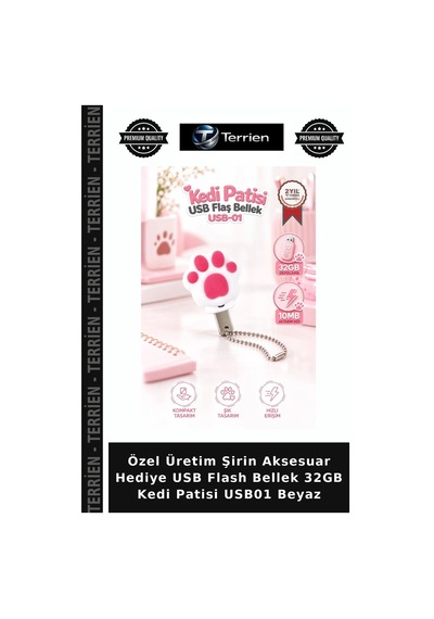 Özel Üretim Şirin Aksesuar Hediye Usb Flash Bellek 32gb Kedi Patisi Usb01 Beyaz