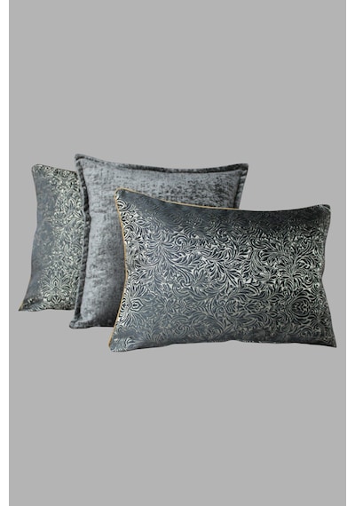 Kırlent Kılıfı Desenli Jakarlı Dokuma Ve İthal Kadife Kumaş Seti 45x45 Ve 35x50 Çift Taraflı Biyeli Füme