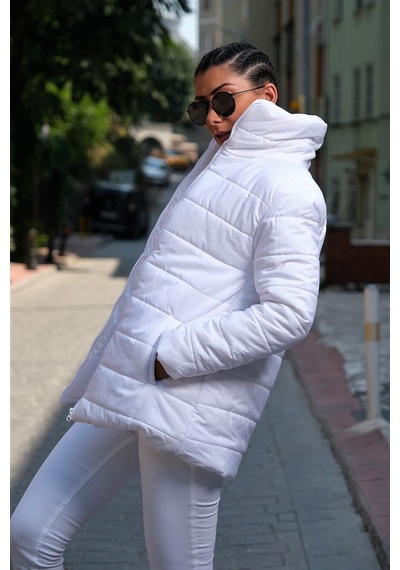 Keyifli Moda Kadın Beyaz Dik Yaka Uzun Şişme Mont