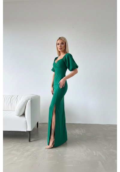 Defymoda Kadın Yırtmaçlı Şık Tasarım Krep Elbise Yeşil