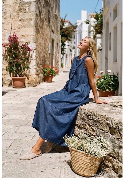 Kadın Koyu Mavi Oversize 2'li Tasarım Çanta Ve Elbise