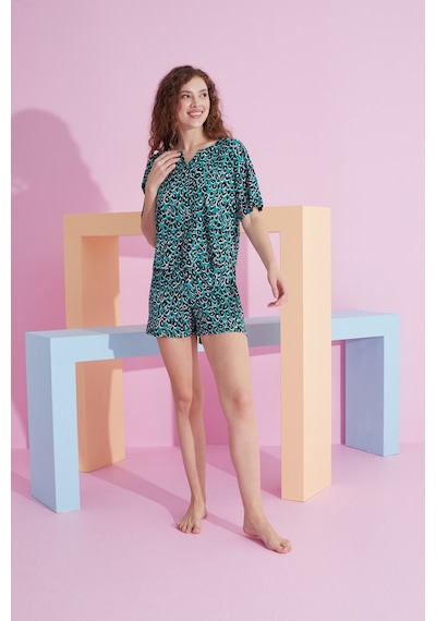 Siyah İnci Likralı Örme T-shirt-şort Pijama Takım 7809 Yeşil