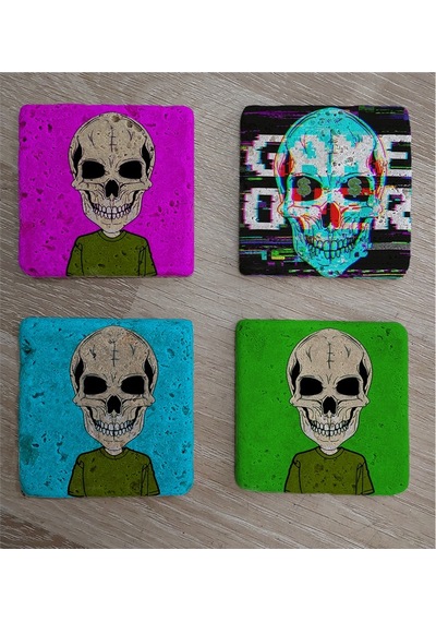 Kuru Kafa Game Over Doğal Taş Bardak Altlığı 4'lü Set - Natural Stone Coasters - Taş Çok Renkli