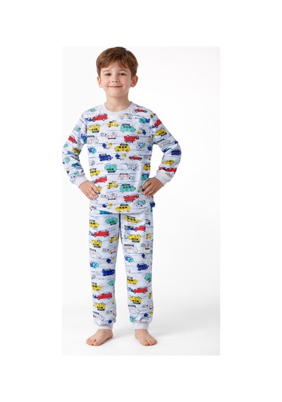 Free Beka Araba Desenli Erkek Çocuk Uzun Kollu Pamuklu Alt Üst Pijama Takımı Gri