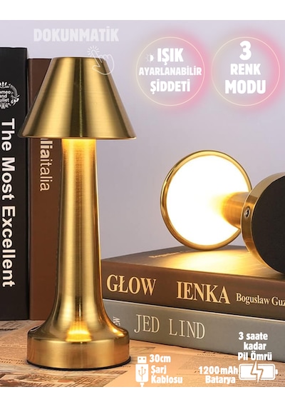 Işık Ayarlı Dokunmatik Mantar Masa Lambası Metal 3 Işık Renkli Şarjlı Masa Lambası Gold Altın
