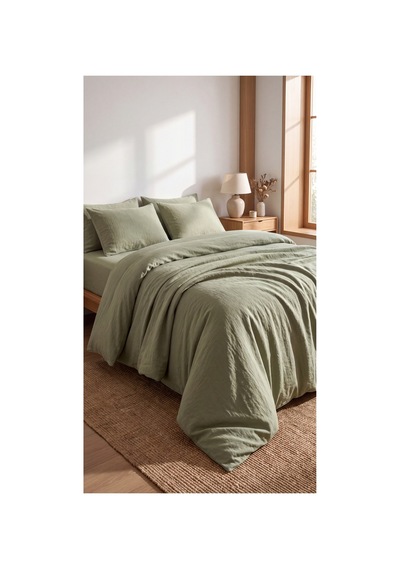 %100 Pamuk Keten Çift Kişilik Nevresim Takımı Lastikli Çarşaflı 200x220 Cm Haki - 904806307 Haki