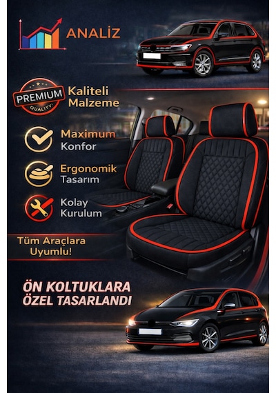 Opel Astra 2000-2004 Üniversal Eren Diamond 2 Parça Ön Oto Koltuk Minderi Siyah Kırmızı