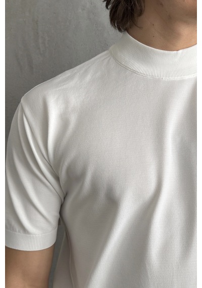 Erkek Oversize Yarım Balıkçı Triko T-shirt Beyaz