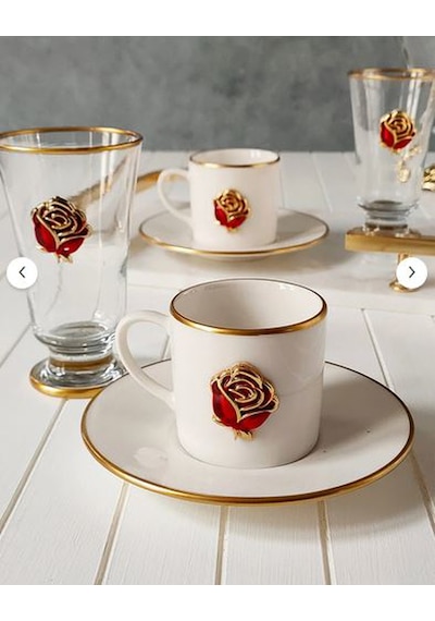 Regna Home Fine Living Love Roses 2 Kişilik Dekorlu Kadehli 6 Parça Kahve Fincan Takımı Beyaz