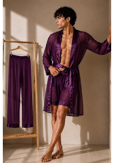 Qmen Style Erkek Şifon Kimono- Pijama - Şort Seti Mor