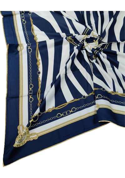 Mim Eşarp Vesi Eşarp Zincir Desenli Sport Twill Eşarp 120x120 Cm Lacivert - Beyaz - Gold