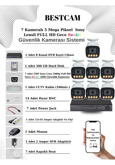 7 Kameralı Set 5 Mp Sony Lensli Full Hd Gece Renkli Set 500gb Hdd