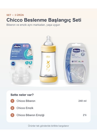 Chicco Beslenme Başlangıç Seti 3 Parça: Biberon + Emzik + Biberon Emziği