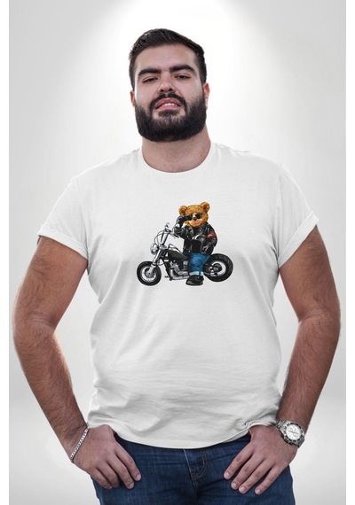 Angemiel Kask Güneş Gözlüğü Motor Ayı Beyaz Büyük Beden Kadın Erkek Ünisex Basic Ön Baskılı Tişört Beyaz