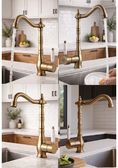 Rena Design Rustik Mat Gold Mutfak Evye Bataryasi Otantik Osmanli Prinç Gövde Vintage Tasarim Mat Altin