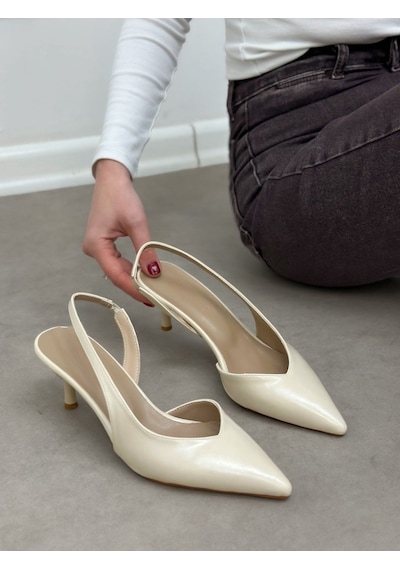 Ervanın Butiği Bej Parlak Deri Jaren Lastik Detay Kadın Stiletto-6086 Bej Cilt