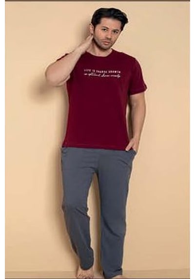 Pijamerry Erkek Bisiklet Yaka Kısa Kol Penye Pijama Takımı 6132 - 1 Adet Bordo
