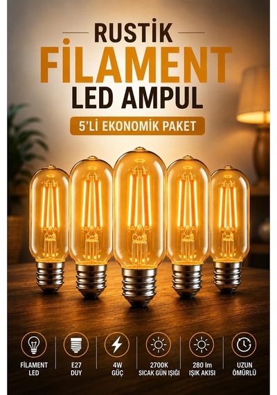 T45 Rustik Filament Led Ampul, E27 Duy, 4w, 2700k Sıcak Gün Işığı, 280 Lm, 5'li Set Diğer