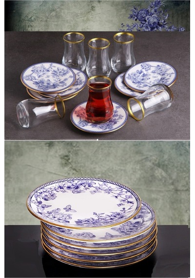 Butterfly 18 Parça Çay Bardaklı Seramik Pasta Tabağı Seti - Kup119s Mavi