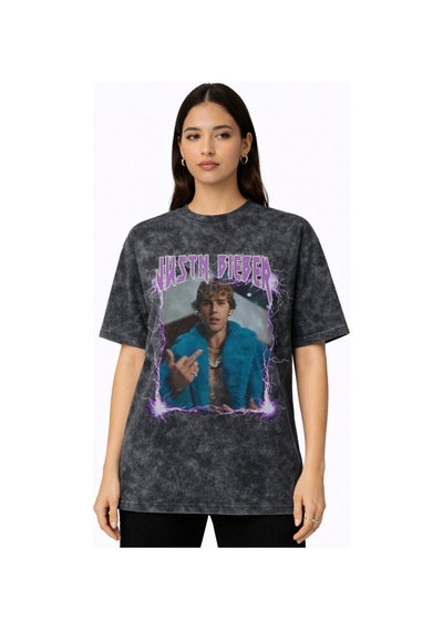 Sevbano Tasarım Justin Bieber Şarkıcı Baskılı Unisex Oversize Vintage Yık Siyah