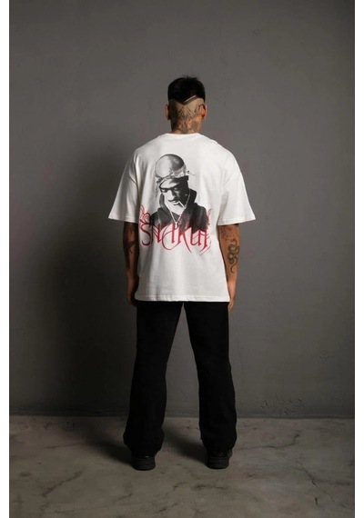 Erkek Baskılı T-shirt Oversize Kısa Kol Bisiklet Yaka Tişort - Beyaz Beyaz