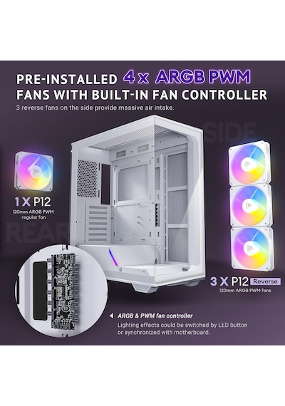 C3 Argb White, 4 X Argb Pwm Fan Dahil, Dikişsiz Temperli Cam Ön Ve Yan Paneller, 360mm Radyatör Desteği, Orta Kule A