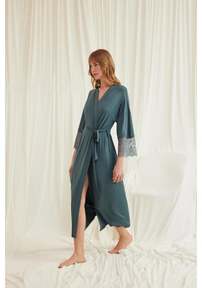 Aria's Closet Arias Closet Dantelli Ve Kuşaklı Sabahlık Yeşil