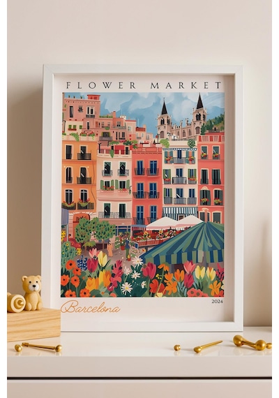 Barselona İspanya Çerçeveli Tablo Seyahat Severlere Salon Ve Ofis İçin Estetik Duvar Dekoru Travel Flower Market