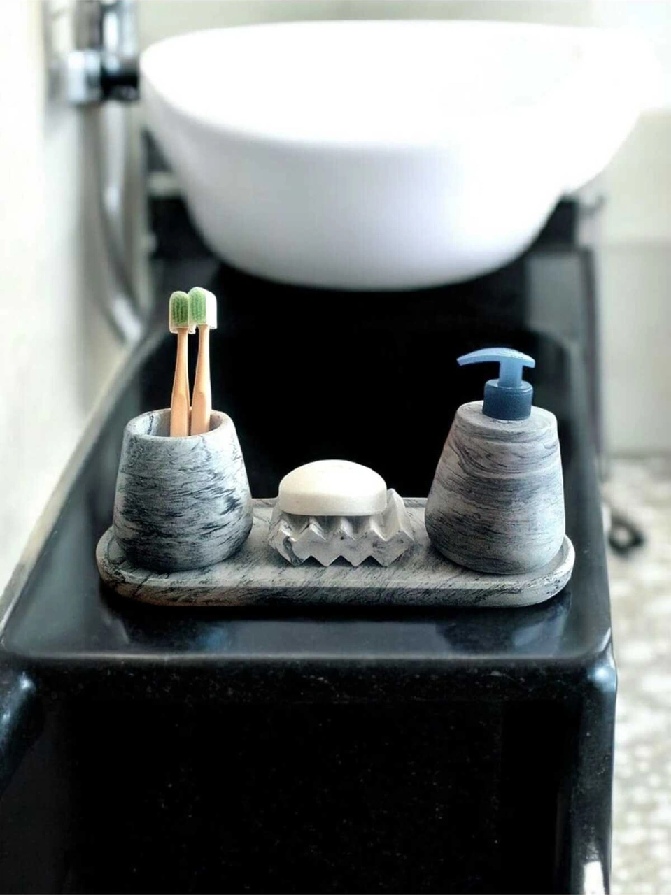 4'lü Antrasit Banyo Seti,sıvı Sabunluk Diş Fırçalığı Beton Aksesuar Takım Antrasit